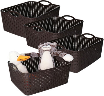 Opbergmand/kastmandje - 4x - 11 liter - donkerbruin - gevlochten kunststof - 35 x 28 x 16 cm