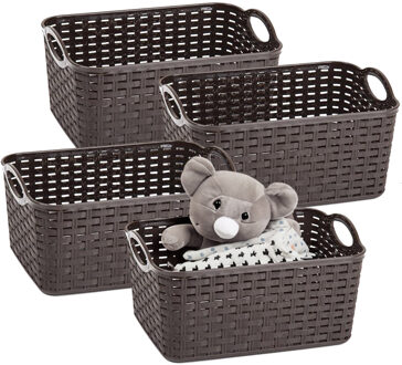 Opbergmand/kastmandje - 4x - 12 liter - donkerbruin - gevlochten kunststof - 33 x 24 x 21 cm