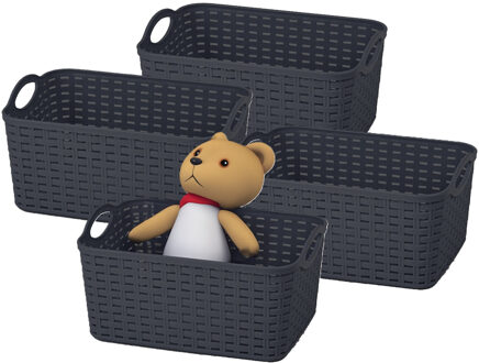 Opbergmand/kastmandje - 4x - 12 liter - zwart - gevlochten kunststof - 33 x 24 x 21 cm