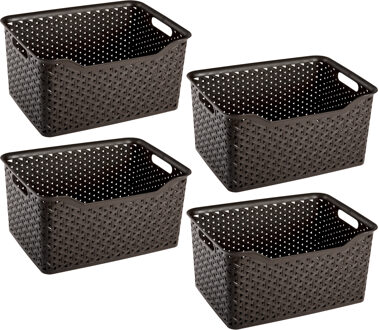 Opbergmand/kastmandje - 4x stuks - 18 liter - donkerbruin - kunststof - 29 x 39 x 19 cm