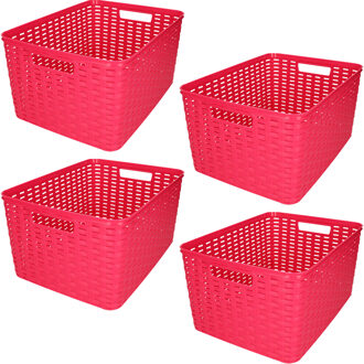 Opbergmand/kastmandje - 4x stuks - 18 liter - fuchsia roze - kunststof - 28 x 38 x 19 cm
