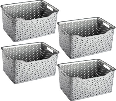 Opbergmand/kastmandje - 4x stuks - 18 liter - zilver - kunststof - 29 x 39 x 19 cm
