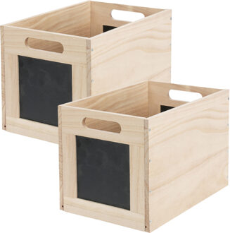 Opbergmand/kist met krijtvlakken - 2x - hout - L30 x B20 x H20 cm - lichtbruin - kast organizer