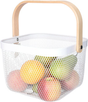Opbergmand - met handgreep - wit - metaal/hout - 17 x 24 x 24 cm - draadmand
