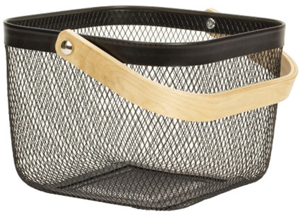 Opbergmand - met handgreep - zwart - metaal/hout - 17 x 24 x 24 cm - draadmand