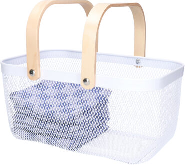 Opbergmand - met handgrepen - wit - metaal/hout - 37 x 24 x 18 cm - draadmand