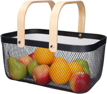 Opbergmand - met handgrepen - zwart - metaal/hout - 37 x 24 x 18 cm - draadmand