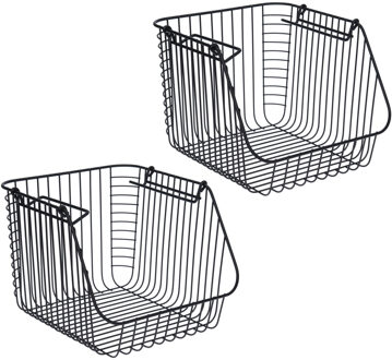 Opbergmandje - 2x - zwart - stapelbaar - 29 x 27 x 21 cm - draadmand - opbergen