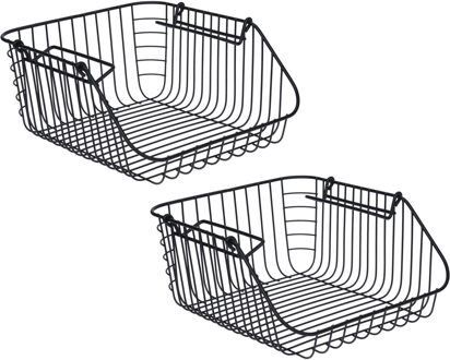 Opbergmandje - 2x - zwart - stapelbaar - 30 x 27 x 14 cm - draadmand - opbergen