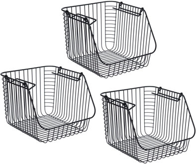 Opbergmandje - 3x - zwart - stapelbaar - 29 x 27 x 21 cm - draadmand - opbergen