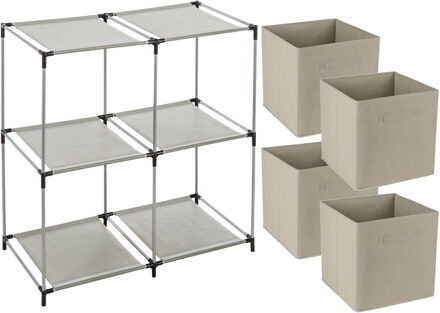 Opbergrek 2-laags - metaal - kunststof - grijs - 67 x 68 cm - incl. 4 opbergmanden beige