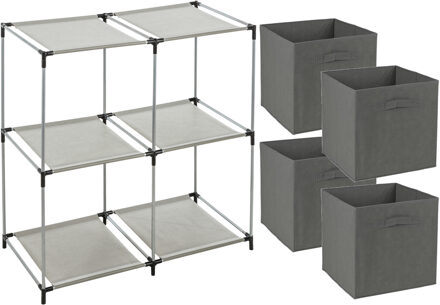 Opbergrek 2-laags - metaal - kunststof - grijs - 67 x 68 cm - incl. 4 opbergmanden donker grijs