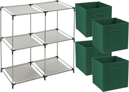 Opbergrek 2-laags - metaal - kunststof - grijs - 67 x 68 cm - incl. 4 opbergmanden donker groen