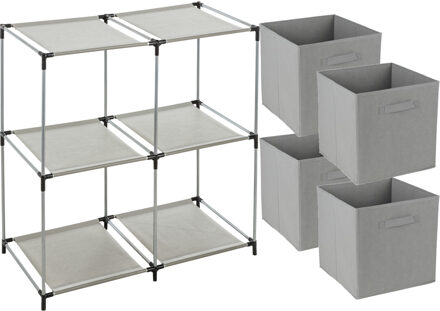 Opbergrek 2-laags - metaal - kunststof - grijs - 67 x 68 cm - incl. 4 opbergmanden grijs