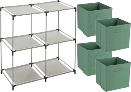 Opbergrek 2-laags - metaal - kunststof - grijs - 67 x 68 cm - incl. 4 opbergmanden groen
