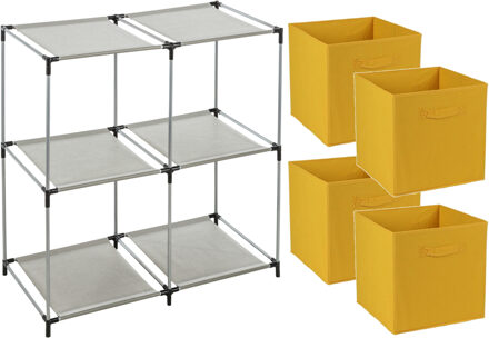 Opbergrek 2-laags - metaal - kunststof - grijs - 67 x 68 cm - incl. 4 opbergmanden oker geel
