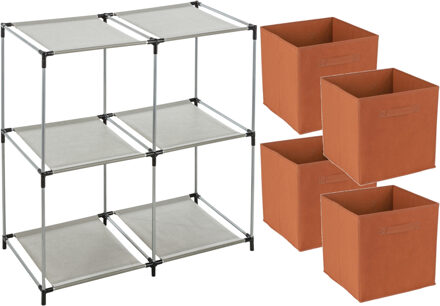 Opbergrek 2-laags - metaal - kunststof - grijs - 67 x 68 cm - incl. 4 opbergmanden oranje