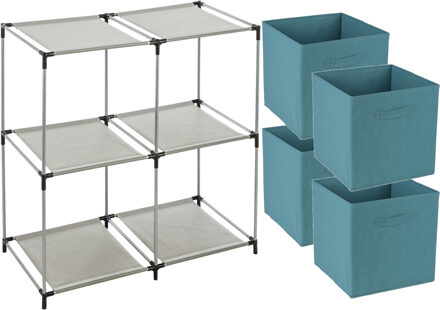 Opbergrek 2-laags - metaal - kunststof - grijs - 67 x 68 cm - incl. 4 opbergmanden petrol blauw