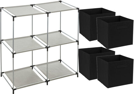 Opbergrek 2-laags - metaal - kunststof - grijs - 67 x 68 cm - incl. 4 opbergmanden zwart
