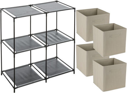 Opbergrek 2-laags - metaal - kunststof - zwart - 67 x 68 cm - incl. 4 opbergmanden beige