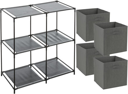 Opbergrek 2-laags - metaal - kunststof - zwart - 67 x 68 cm - incl. 4 opbergmanden donker grijs