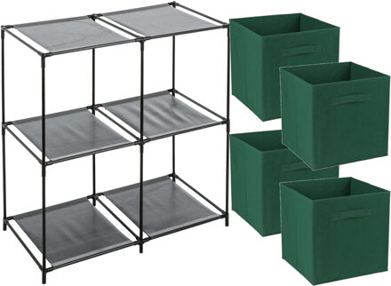 Opbergrek 2-laags - metaal - kunststof - zwart - 67 x 68 cm - incl. 4 opbergmanden donker groen