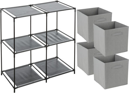 Opbergrek 2-laags - metaal - kunststof - zwart - 67 x 68 cm - incl. 4 opbergmanden grijs