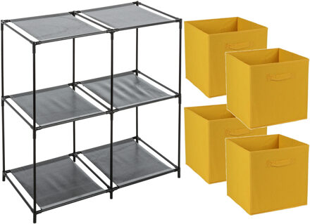 Opbergrek 2-laags - metaal - kunststof - zwart - 67 x 68 cm - incl. 4 opbergmanden oker geel