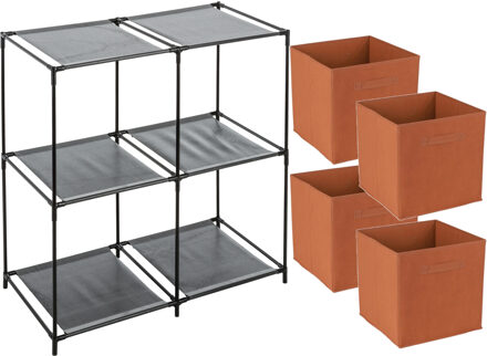 Opbergrek 2-laags - metaal - kunststof - zwart - 67 x 68 cm - incl. 4 opbergmanden oranje