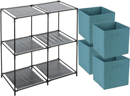 Opbergrek 2-laags - metaal - kunststof - zwart - 67 x 68 cm - incl. 4 opbergmanden petrol blauw