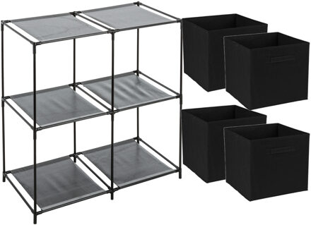 Opbergrek 2-laags - metaal - kunststof - zwart - 67 x 68 cm - incl. 4 opbergmanden zwart