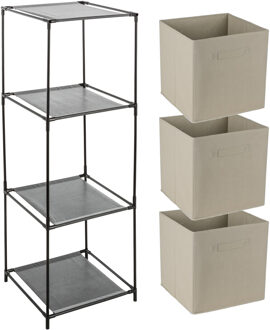 Opbergrek 3-laags - metaal - kunststof - zwart - 34 x 98 cm - incl. 3 opbergmanden beige