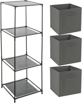 Opbergrek 3-laags - metaal - kunststof - zwart - 34 x 98 cm - incl. 3 opbergmanden donker grijs