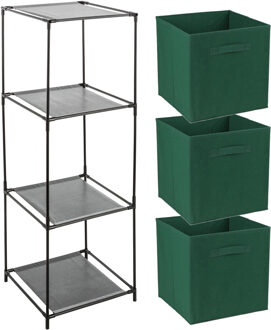 Opbergrek 3-laags - metaal - kunststof - zwart - 34 x 98 cm - incl. 3 opbergmanden donker groen