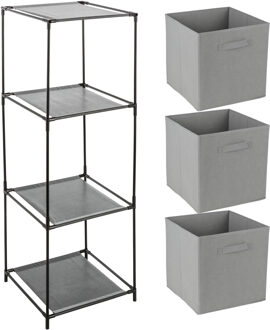 Opbergrek 3-laags - metaal - kunststof - zwart - 34 x 98 cm - incl. 3 opbergmanden grijs