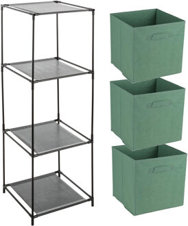 Opbergrek 3-laags - metaal - kunststof - zwart - 34 x 98 cm - incl. 3 opbergmanden groen
