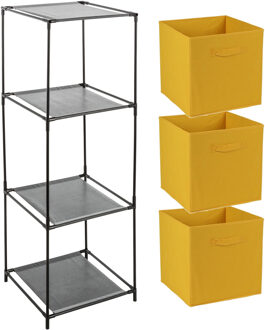 Opbergrek 3-laags - metaal - kunststof - zwart - 34 x 98 cm - incl. 3 opbergmanden oker geel