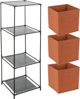 Opbergrek 3-laags - metaal - kunststof - zwart - 34 x 98 cm - incl. 3 opbergmanden oranje