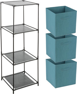 Opbergrek 3-laags - metaal - kunststof - zwart - 34 x 98 cm - incl. 3 opbergmanden petrol blauw