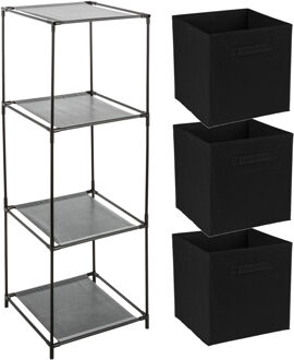 Opbergrek 3-laags - metaal - kunststof - zwart - 34 x 98 cm - incl. 3 opbergmanden zwart