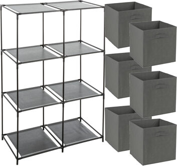 Opbergrek 3-laags - metaal - kunststof - zwart - 68 x 98 cm - incl. 6 opbergmanden donker grijs