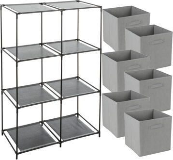 Opbergrek 3-laags - metaal - kunststof - zwart - 68 x 98 cm - incl. 6 opbergmanden grijs
