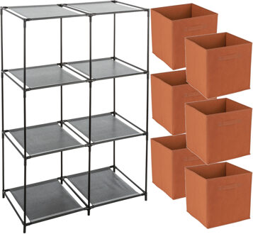 Opbergrek 3-laags - metaal - kunststof - zwart - 68 x 98 cm - incl. 6 opbergmanden oranje - Opbergrekjes