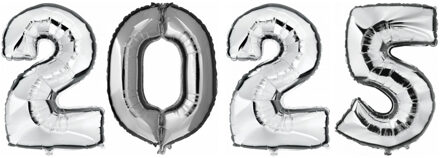 Opblaas Ballonnen - 2025 - zilver - op stokje - 41 cm - Ballonnen Zilverkleurig