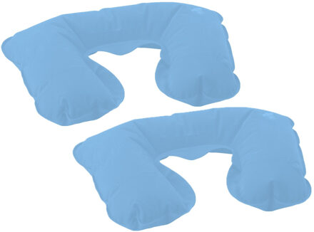 Opblaasbaar reiskussen/nekkussen - 2x - in een etui - lichtblauw - 33 x 21 cm - velours kunststof