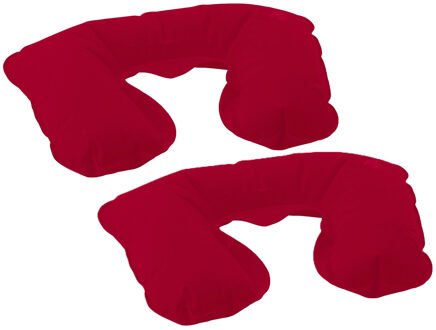 Opblaasbaar reiskussen/nekkussen - 2x - in een etui - rood - 33 x 21 cm - velours kunststof