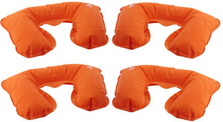 Opblaasbaar reiskussen/nekkussen - 4x - in een etui - oranje - 33 x 21 cm - velours kunststof