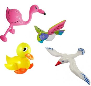 Opblaasbare dieren - decoratie - 4x stuks - eend / meeuw / flamingo / papegaai - pvc