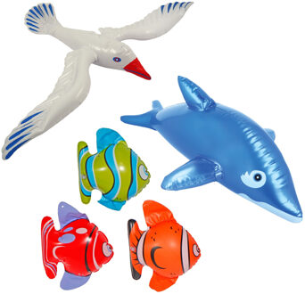Opblaasbare dieren set - 3x stuks Opblaasbare vissen - 1x een dolfijn 53 cm - 1x meeuw van 76 cm