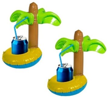 Opblaasbare drankhouder palmboom - 2x - 22 cm - blikjeshouder - zwembad - hawaii